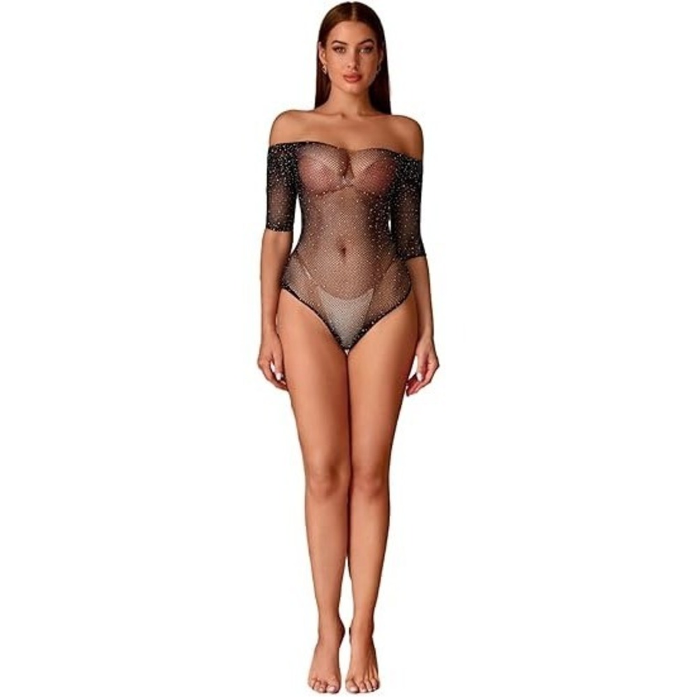 FRENZCOY Women's One Size Black Lingerie Fishnet Bodysuit Sparkle Rhines